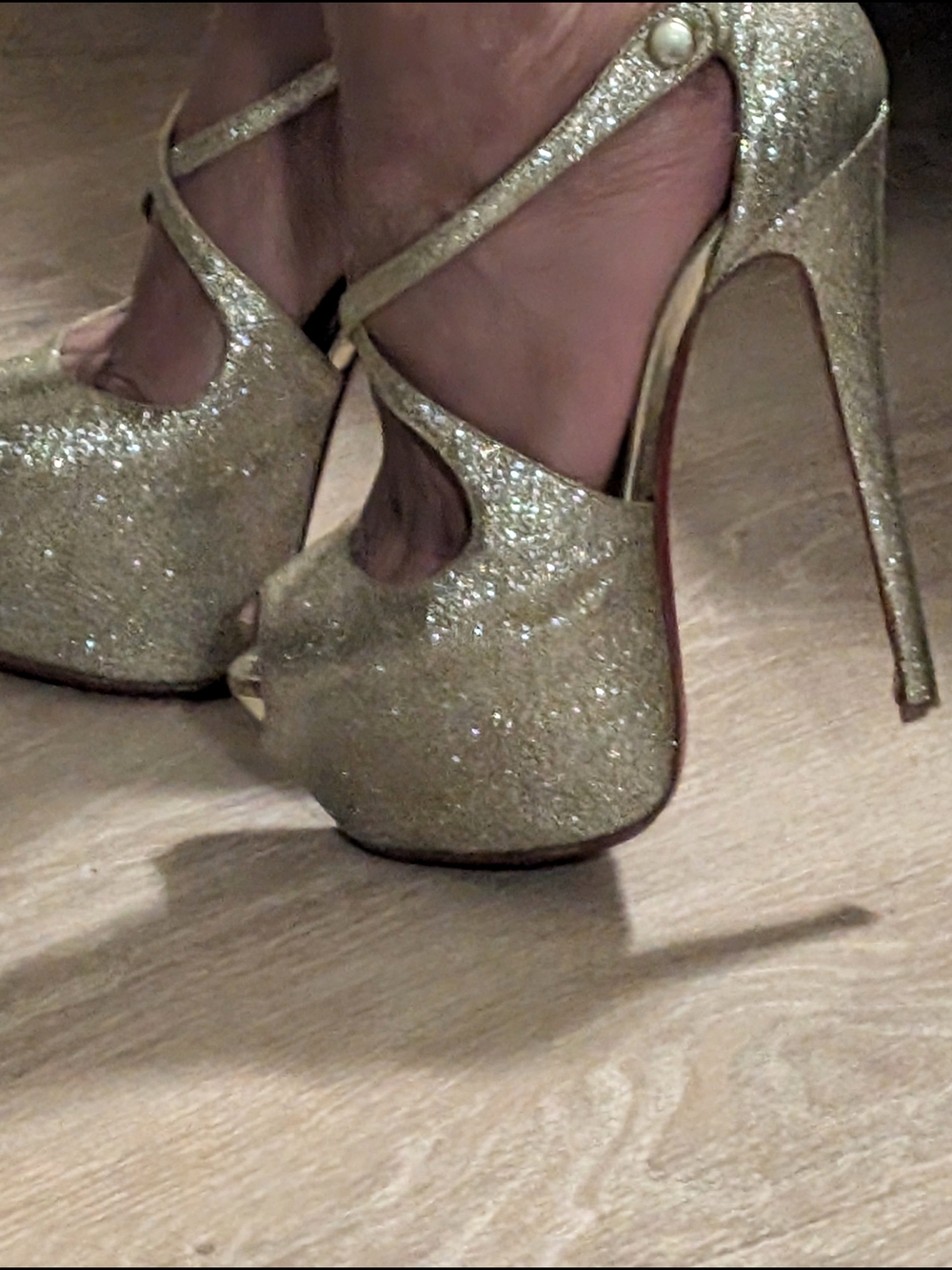 Christian Louboutin Glitter Gold Platform T-Strap Heels